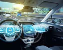 Empty cockpit of autonomous car, HUD(Head Up Display) and digital speedometer. self-driving vehicle.